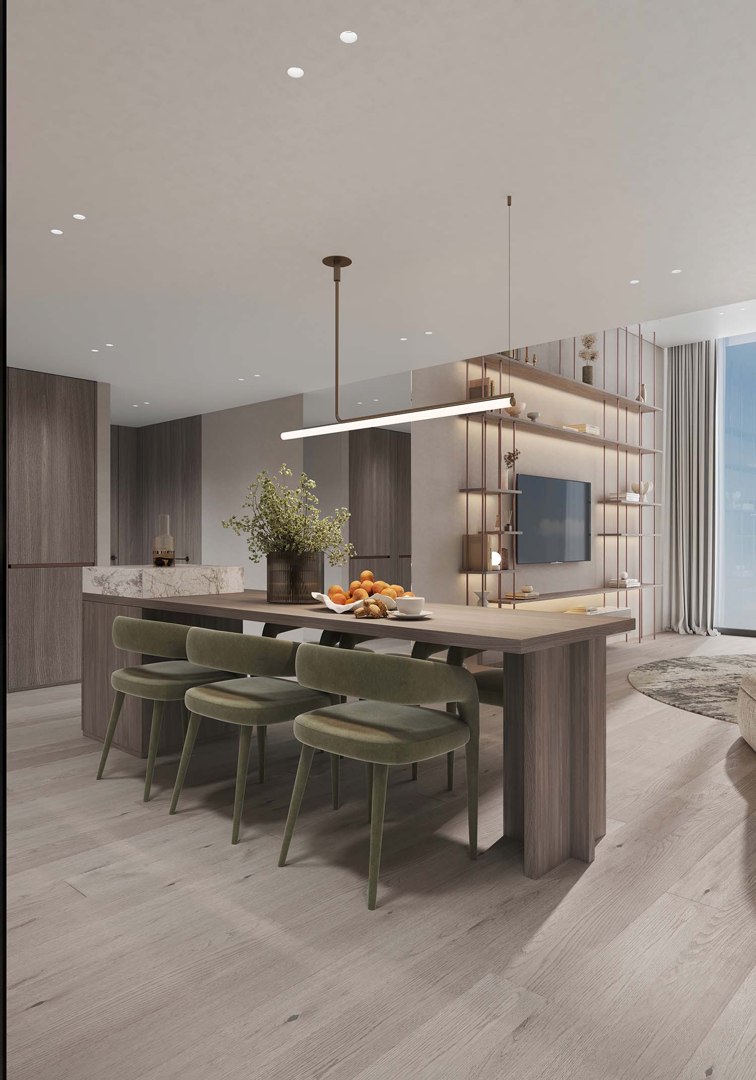 Cove By Imtiaz A modern kitchen with a wooden table, green chairs, decorative plants, and a subtle lighting design.
